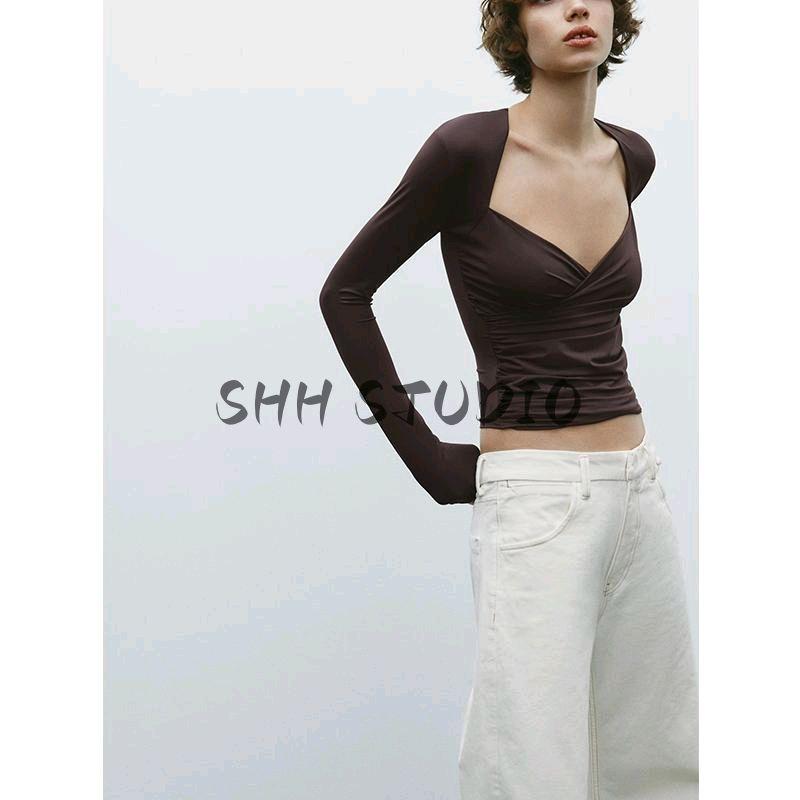 Spring New Women's Clothing Fashion Pure Desire Wind Minimalist Nylon Ruched Long Sleeves Vertical Collar Top 3641315