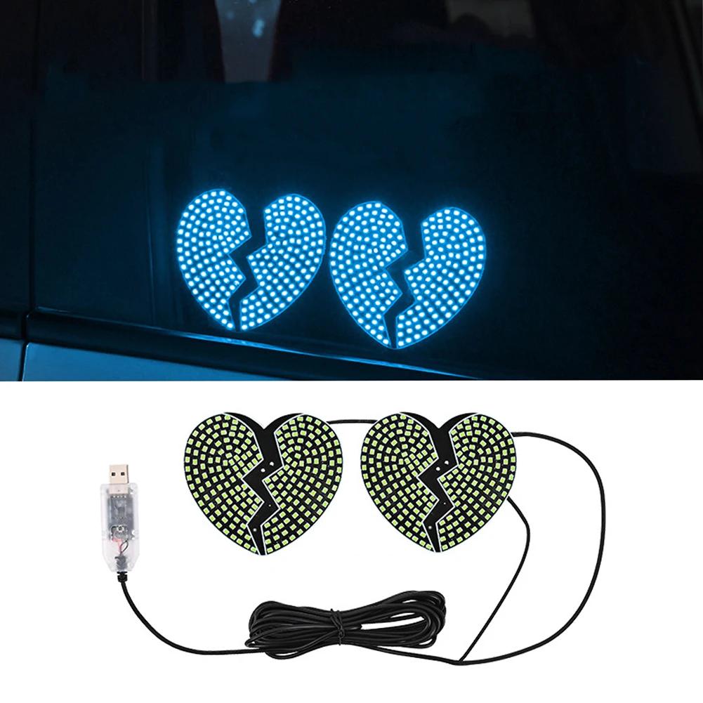 2Pcs/Set Heart-Shaped USB LED Car Interior Ambient Lights DIY Installation Auto Window Decoration Windshield Lights