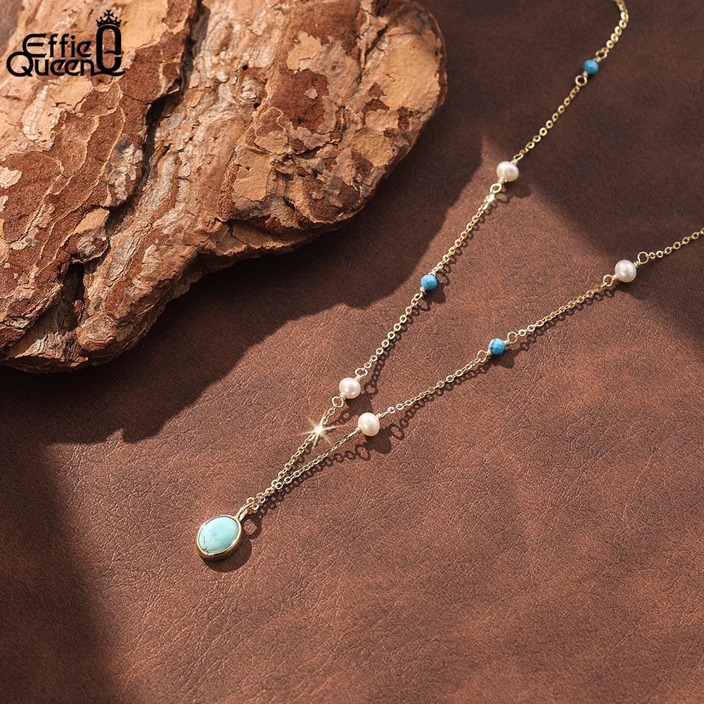 EFFIE QUEEN 925 Sterling Silver Fashion Turquoise Oval Pendant Link Chain Charm Necklace White Pearls Daily Fine Jewelry MPN18