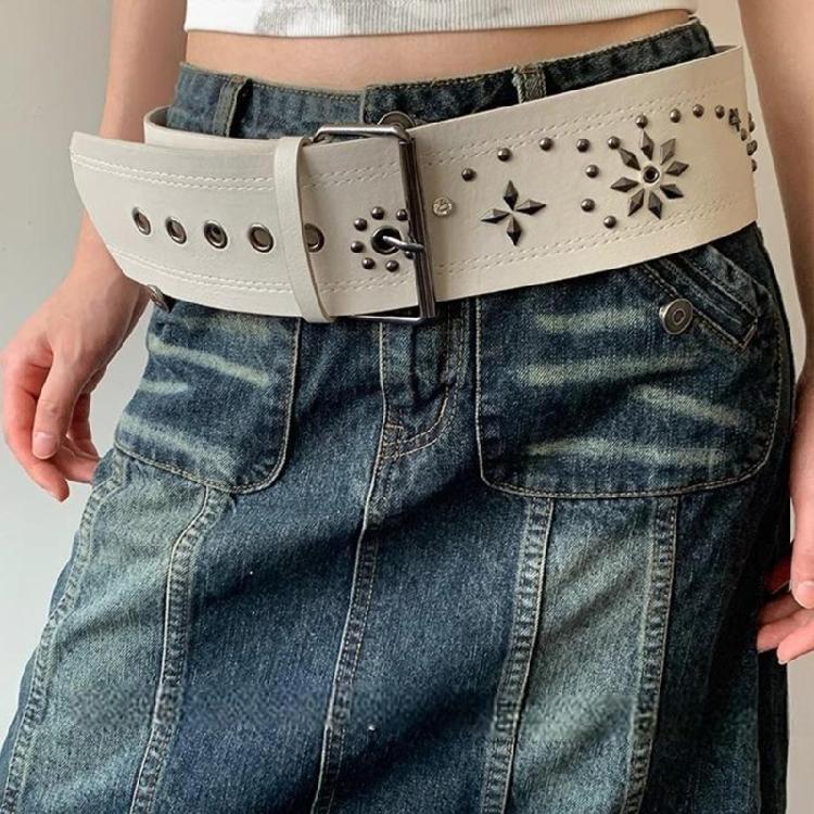 Fashionable Rivet Studded Wide Belt For Women Men Pin Buckles PU Waistband for Street Wear Jeans Pants Waist Accessory