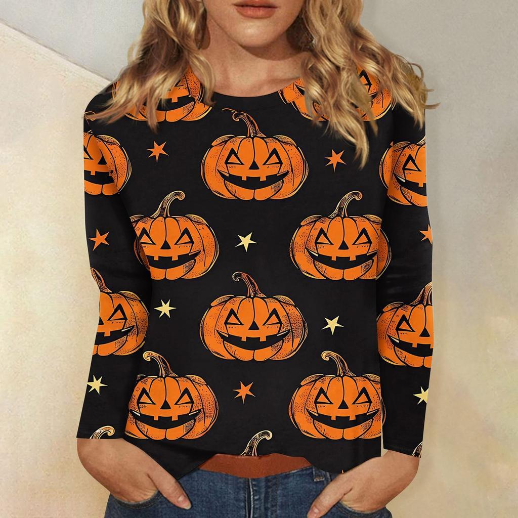 Fashionable 3D digital printed Halloween bat pattern women's round neck long sleeved T-shirt