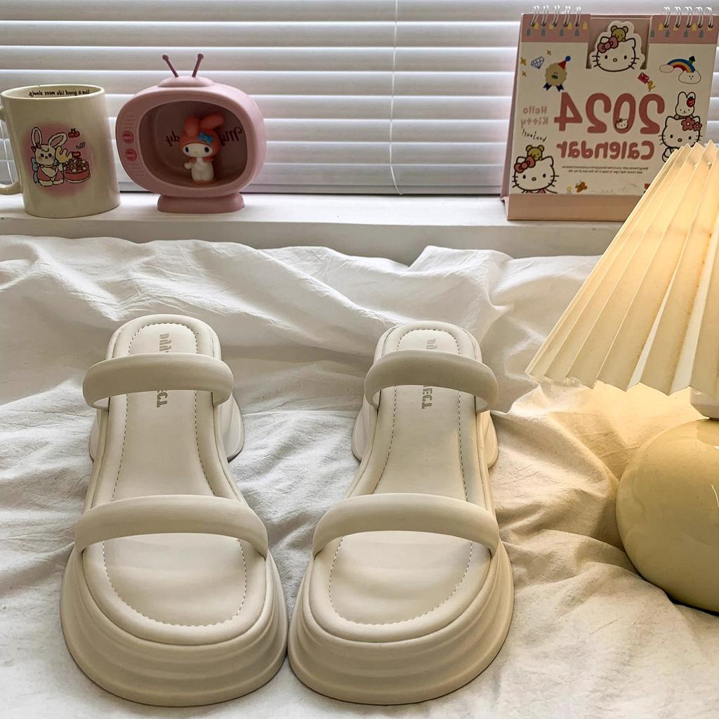 Thick-bottomed slope heel one-word slippers for women's outer wear 2025 summer new fashion casual versatile heightening beach cool slippers