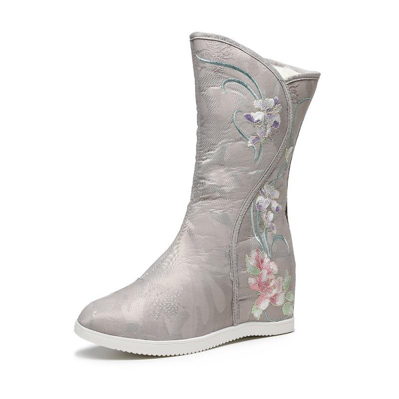 Hanfu Stiefel Damen Innenhöhe Plus Samt Schaft Stickerei Winter Warm Damenstiefel