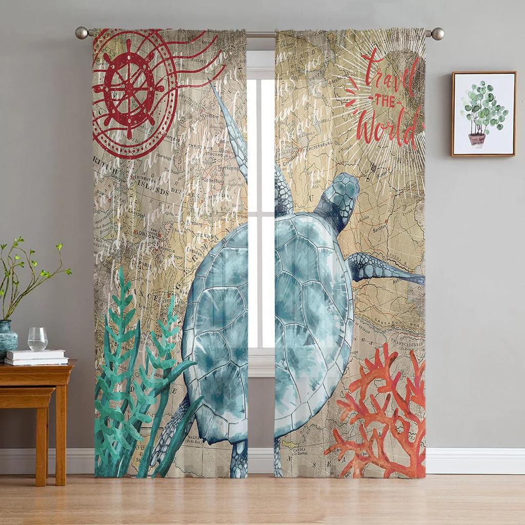 Nautical Octopus Retro Tulle Curtains For Living Room Sheer Curtain For Bedroom Kitchen Blinds Voile Curtains