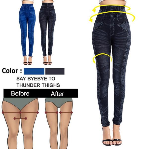 Women Sport Lady Denim Fake Jeans Leggings Jeggings Streth Pants with Pockets Blue Black Slim Leggings Jeans Skinny Trousers Tight XS-3XL