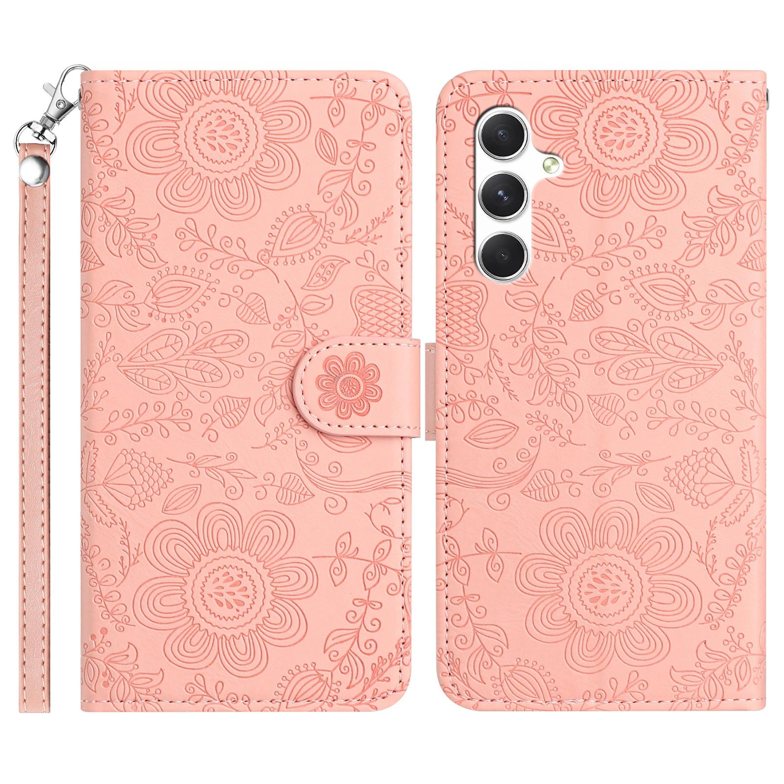 

For Samsung Galaxy A15 4G/5G Case Flower Imprint Leather Flip Wallet Phone Cover with Wrist Strap Pink