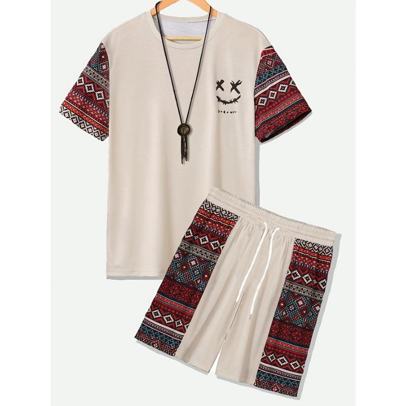 

2-piece casual wear set for men, summer round neck short-sleeved T-shirt with elastic waistband shorts XL