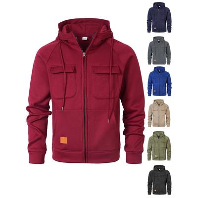 Spring Autumn Winter Hooded Loose Stand-up Collar Casual Sweater Men's Multi-pocket Cardigan Zip Jacket Comfortable Fit Skin-friendly Breathable Tops