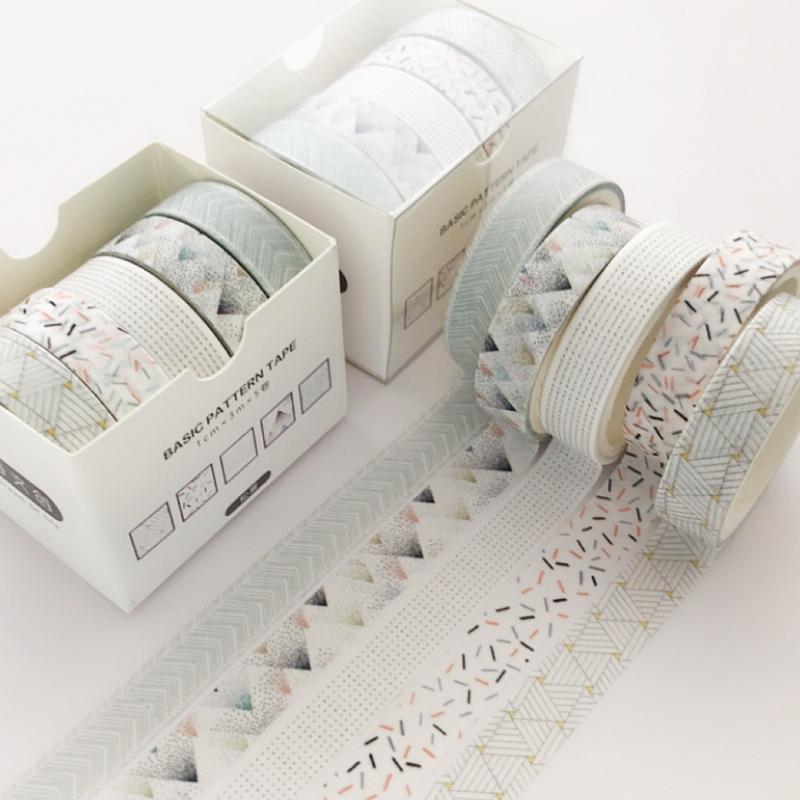 5pcs Basic Pattern Washi Tape Set Pink Green Color Dots Line Grid 10mm Adhesive Masking Tape Diary Album Stickers A6361
