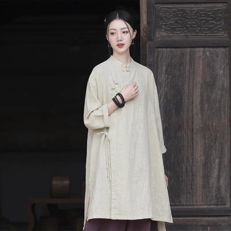 Zen Style Women's Pure Cotton Shirt Women's Spring and Autumn Meditation Clothes Cotton and Linen Chinese Style Tops