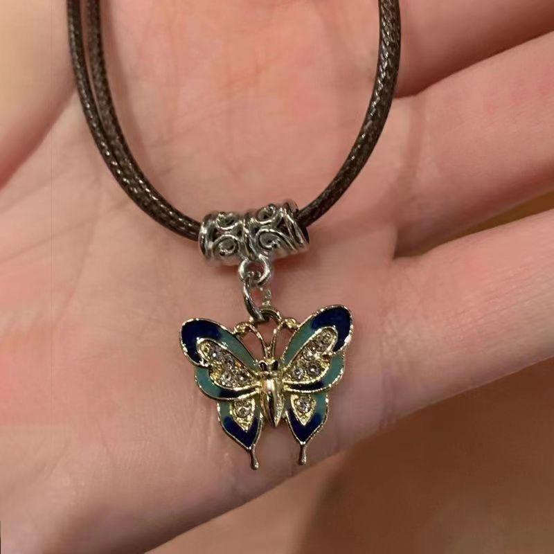 Vintage Blue Black Butterfly Pendant Necklace For Women Punk  Leather Rope Choker Necklaces Trendy Clavicle Chain