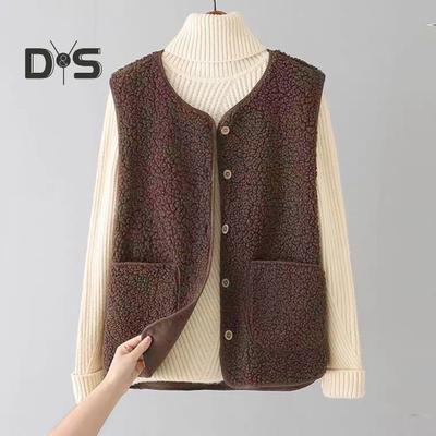 Winter Women Layering Vest Coat Thin Padded Press Button Closure V Neck Thin Plush Sleeveless Solid Color Heat Retention Outdoor Jacket