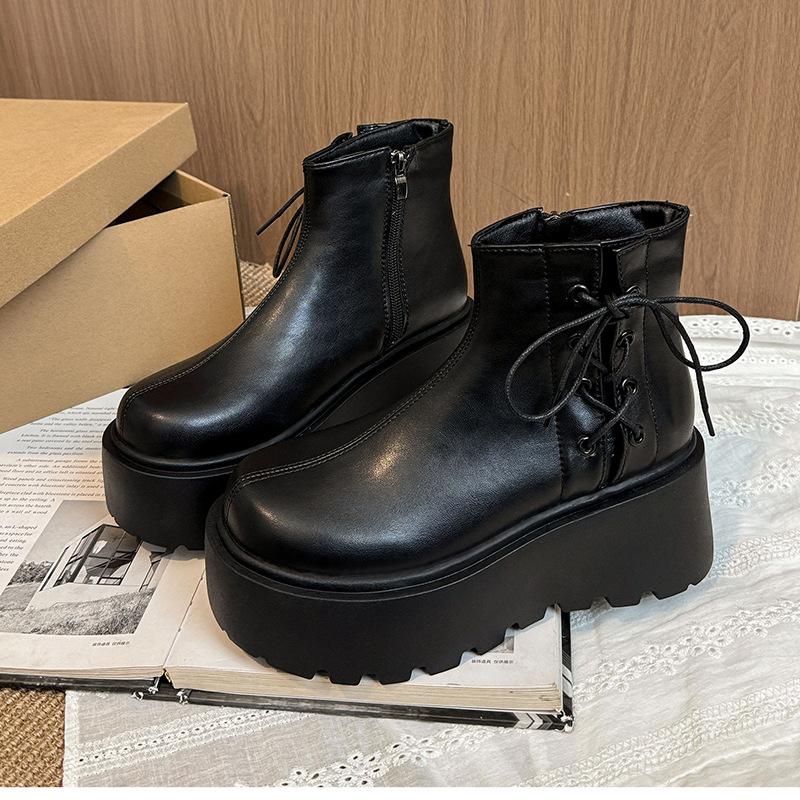 Round Head Small Man Increases Height Live Broadcast Explosion Soft Leather Martin Boots Winter Single Sports Thick-soled Snow Boots Women's Boots S