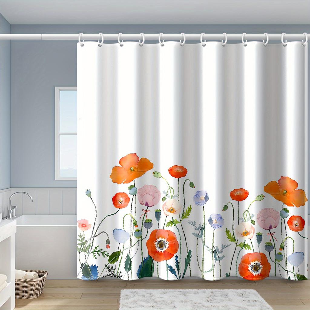 1pc Ink Floral Print Shower Curtain with Hooks, Polyester Fabric, Window and Wall, Bathtub, Bathroom Home Decor Shower Curtain