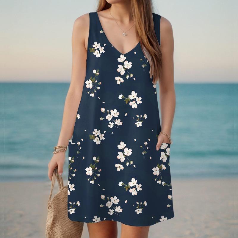 Women S Casual Sundress With Pockets Summer Boho Beach Dress Floral Blouses For Women T-Shirts Dress V Neck Loose Tank Dresses L