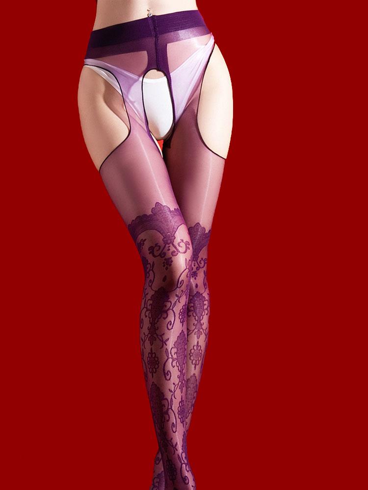 Fashion Printing Women Pantyhose Four Side Hollow Out Shiny Glossy Tights Woman Crotchless Pantyhose Thin Slip Stocking