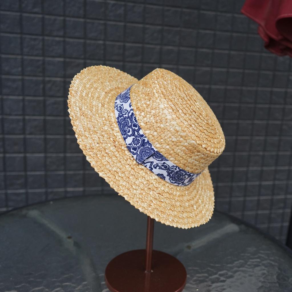 Retro Straw Wheat Ears Floral Stripes Men And Women Summer Shading Sun Protection Wide Brim Flat Top Top Hat Vacation Beach Straw Hat
