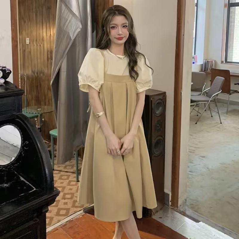 Fashion Suit, Slightly Fat Women's Bubble Sleeve Top, Covering the Meat and Showing Thinness, Strap Skirt, Large Size Fat Mm Dress, Foreign Style Two