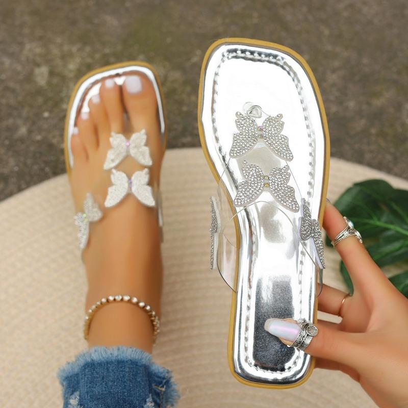 Fashion Large Size Crystal Bow Women Slippers Fashion Open Toe Low-heeled Slippers Women Summer Casual Cozy Slides Female Flip Flops