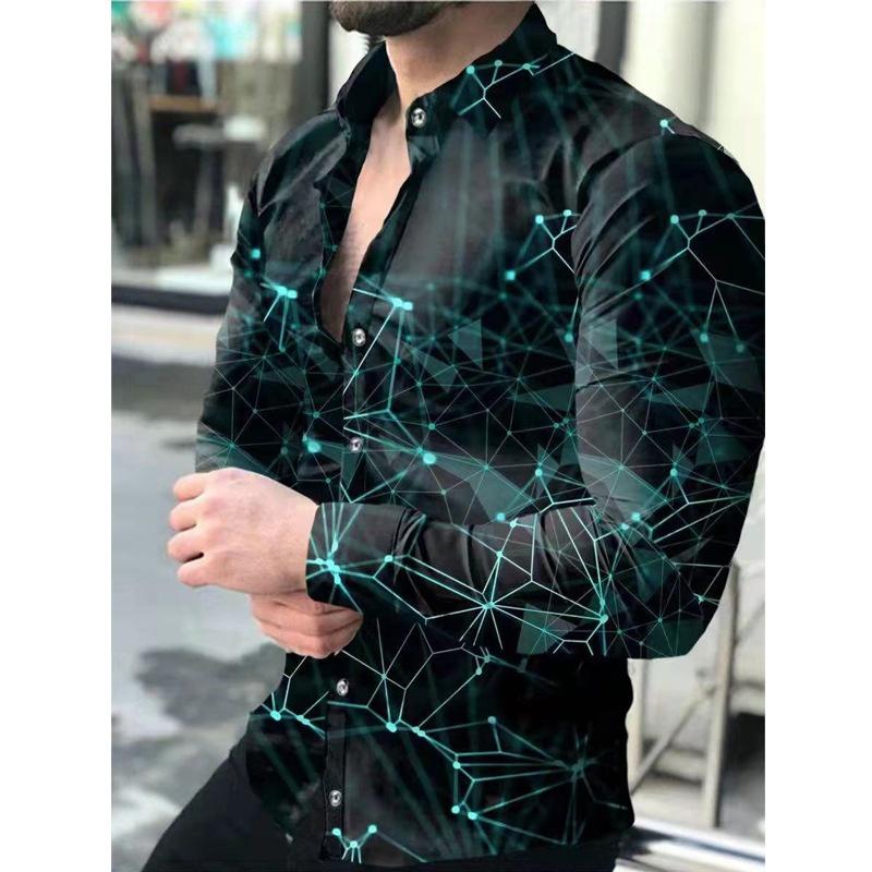 2026 Europa e Estados Unidos Nova Primavera Camisa Masculina de Manga Longa Camisa Plus Size Gradiente Slim Estampa Geométrica Camisa Casual