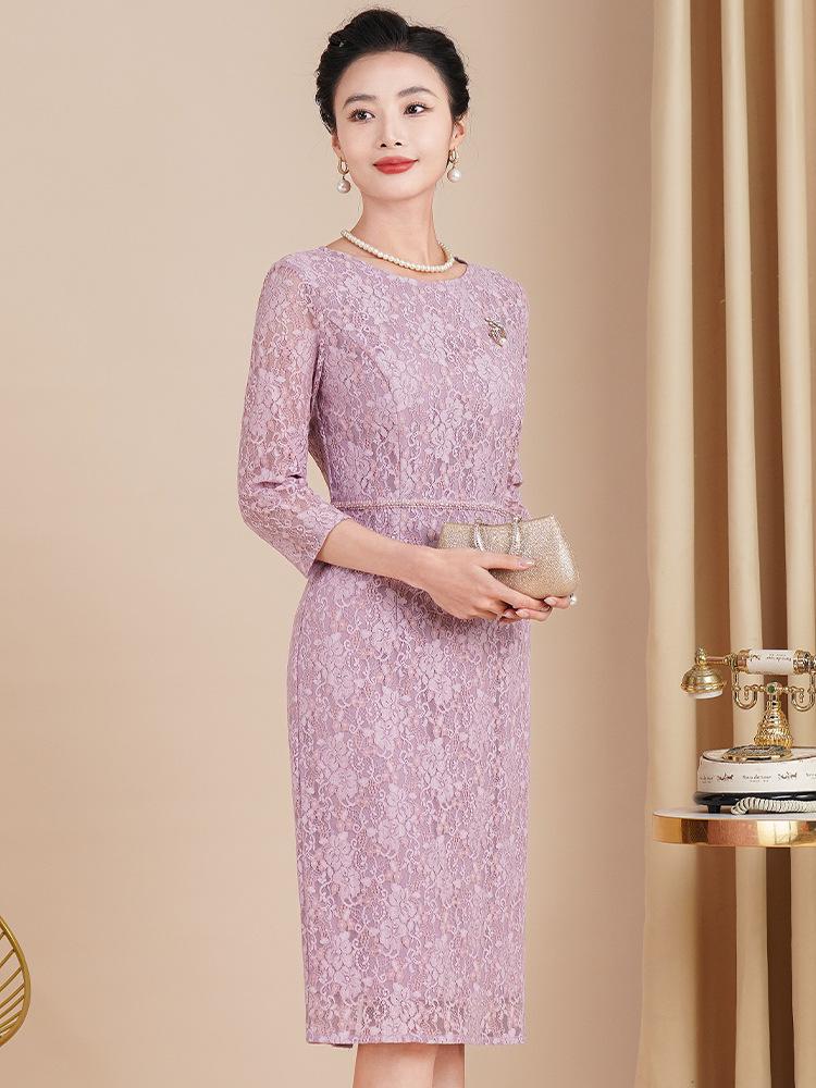 Purple 2025 Spring Mother-of-the-Bride Formal Three-Quarter Sleeve Dress Plus Size