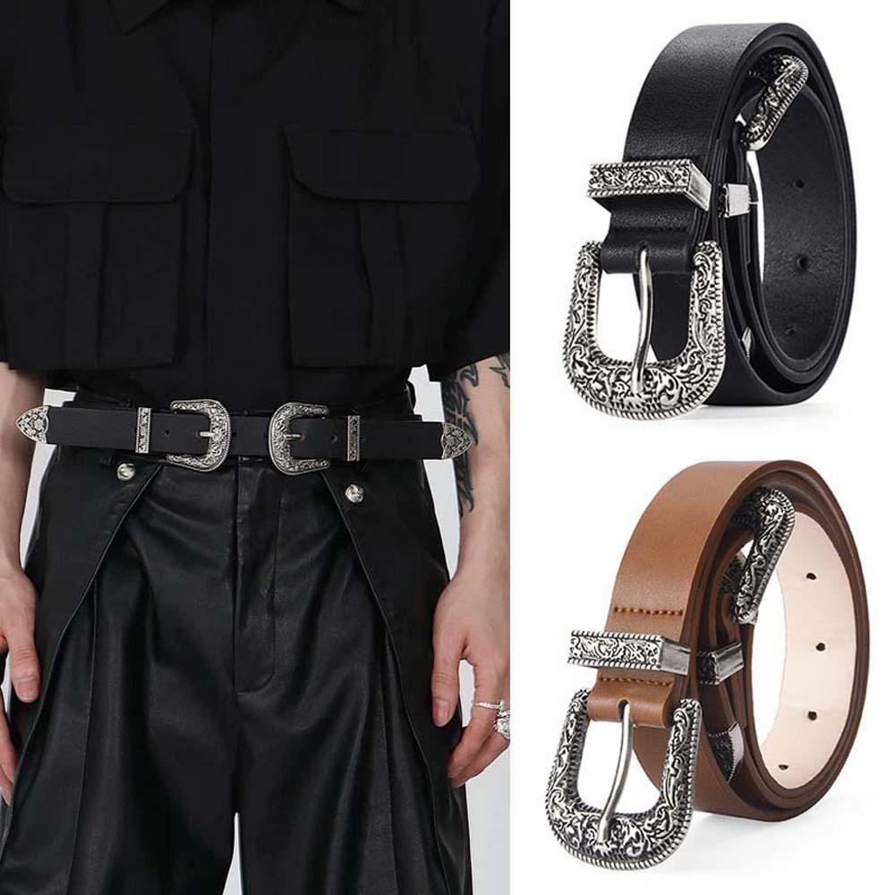 Cool Carved Buckle Belt Wide PU Vintage Waistband Fashion Double Buckle Waist Belt  Couple