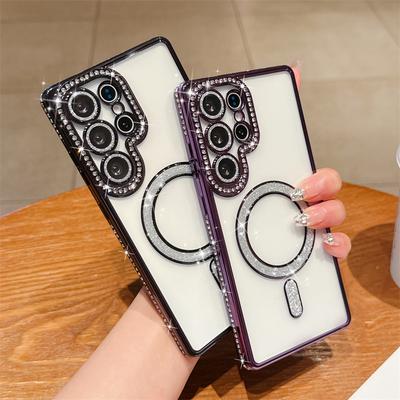 Modna magnetyczna diamentowa ramka etui na Samsung Galaxy S25 Ultra S24 FE A56 A36 A26 A16 A55 A35 A25 A15 A54 etui iPhone 16 15 Plus 14 13 Pro Max etui