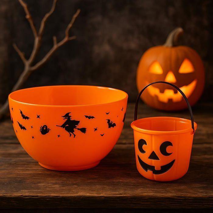 Lot de 2 Saladiers Halloween Orange Rigide 20cm à Motifs pour Décoration de Table