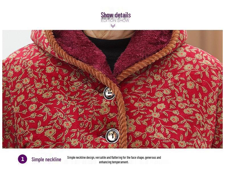 Women's Mid-Length Winter Jacket: Grandma Style, Fleece-Lined, Thickened Cotton for 60s-70s Cold Protection.