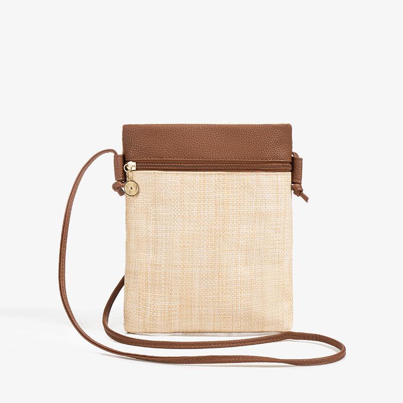 

Pastoral grass woven mobile phone bag 2025 simple splicing fashion women s bag thin shoulder strap crossbody small bag change bag світло-коричневого кольору