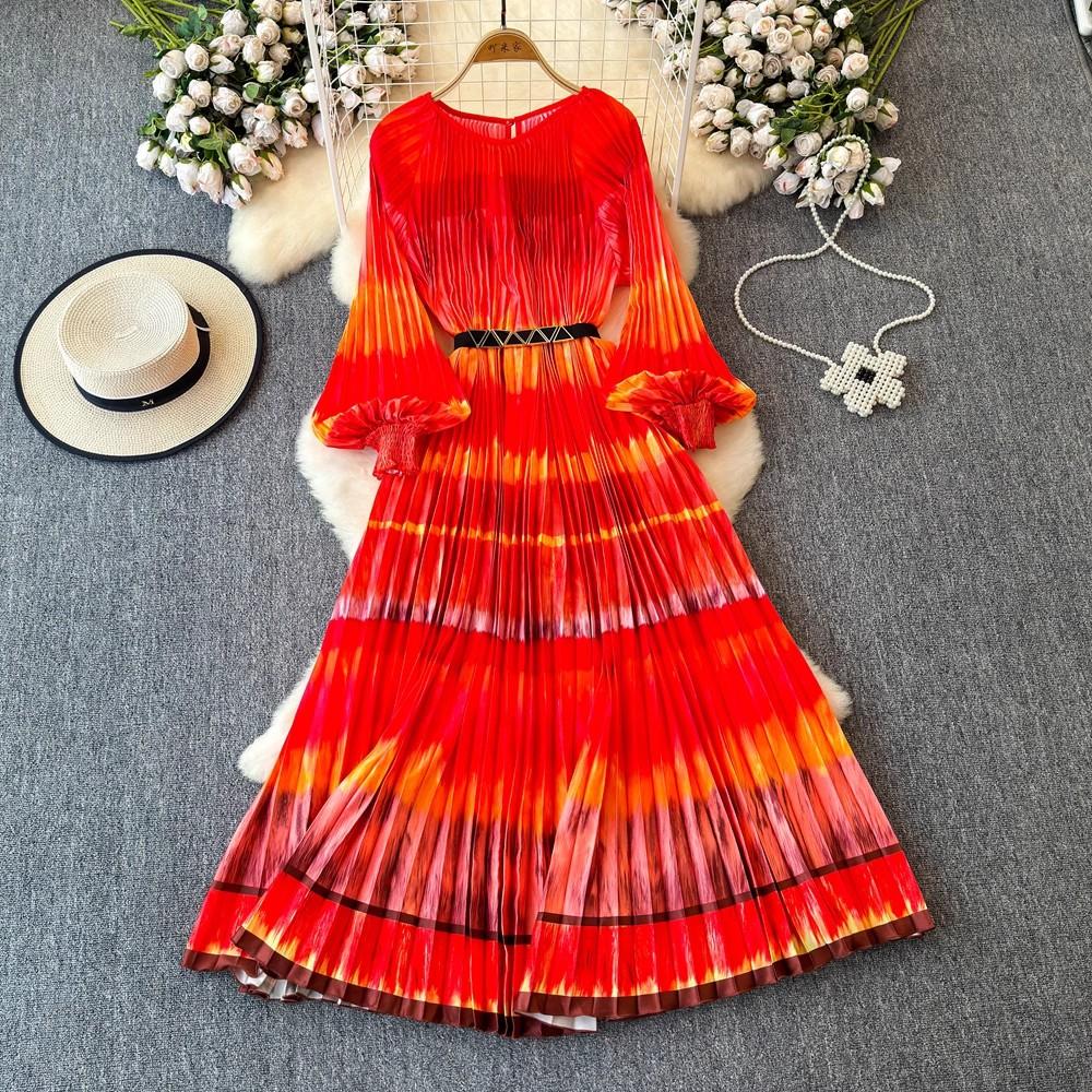 Outono Plissado Lindo Estampa Floral Vestido Longo de Férias Feminino Gola Redonda Manga Lanterna Cinto Elástico Alto Roupas Longas