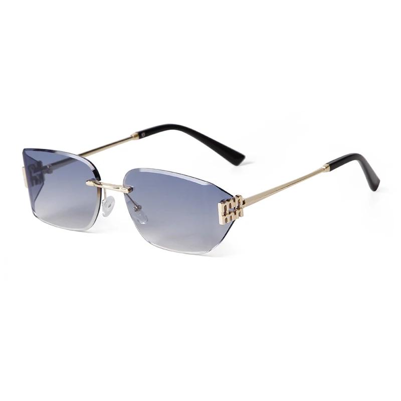 Trendy Blue Rimless Rectangle Sunglasses for Women Men Unique Metal Rivets Gradient Gray UV Protection Eyewear