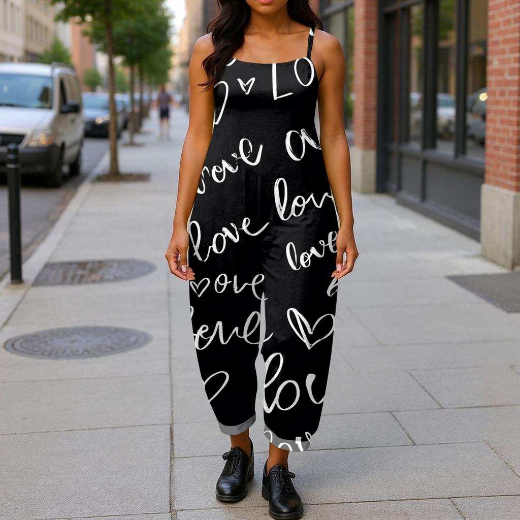 Women's Heart,shaped Printed Casual Loose Retro Overalls Cotton and Linen One,piece Pants