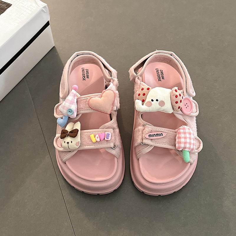 Fashion Cute Cartoon Bear One-word Buckle with Velcro Sandals Women's Summer New Beach Cool Slippers