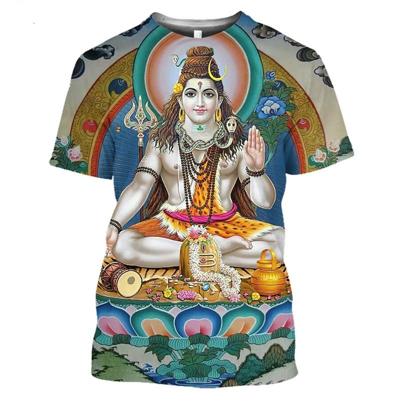 Summer Round Neck 3D Hindu Deities Graphic Print Top Fashionable Casual Short Sleeved Men's and Women's Unisex T-shirts