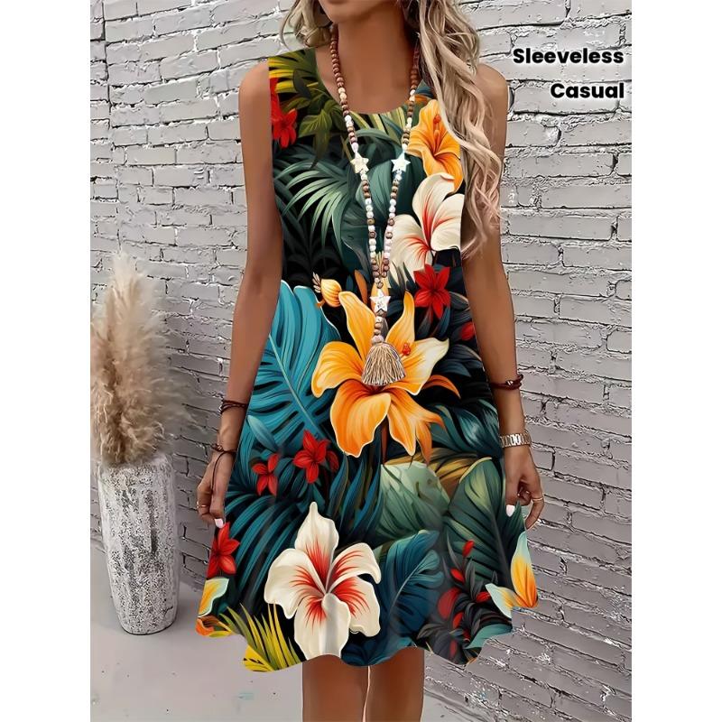 

Женское летнее платье без рукавов с тропическим цветочным принтом. Это повседневное платье средней длины украшено узором из пальмовых листьев и гибискусов. 5XL