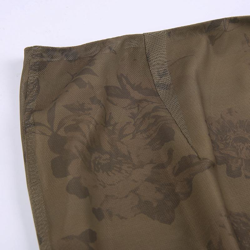 Dámská retro elegantní sukně s malým květinovým potiskem, větruodolná síťovina a dlouhým rukávem