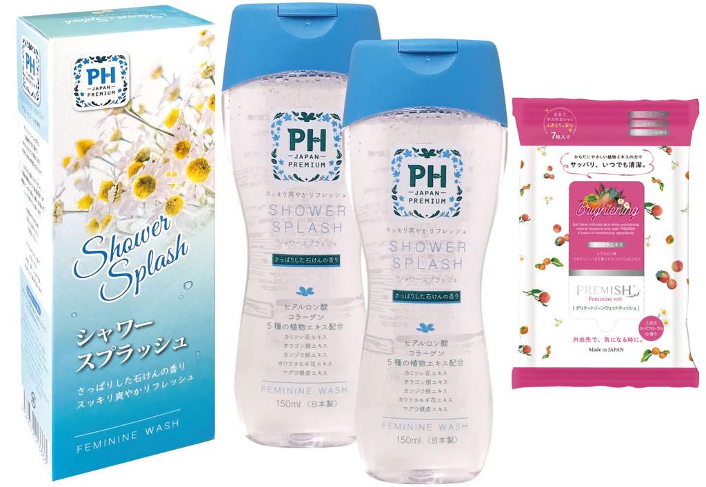 PH JAPAN Premium Feminine Wash Soap for Delicate Areas 150ml X Premium Wet Wipes Perfect for Daily and Reducing and Menstrual Made In (Shower Splash,