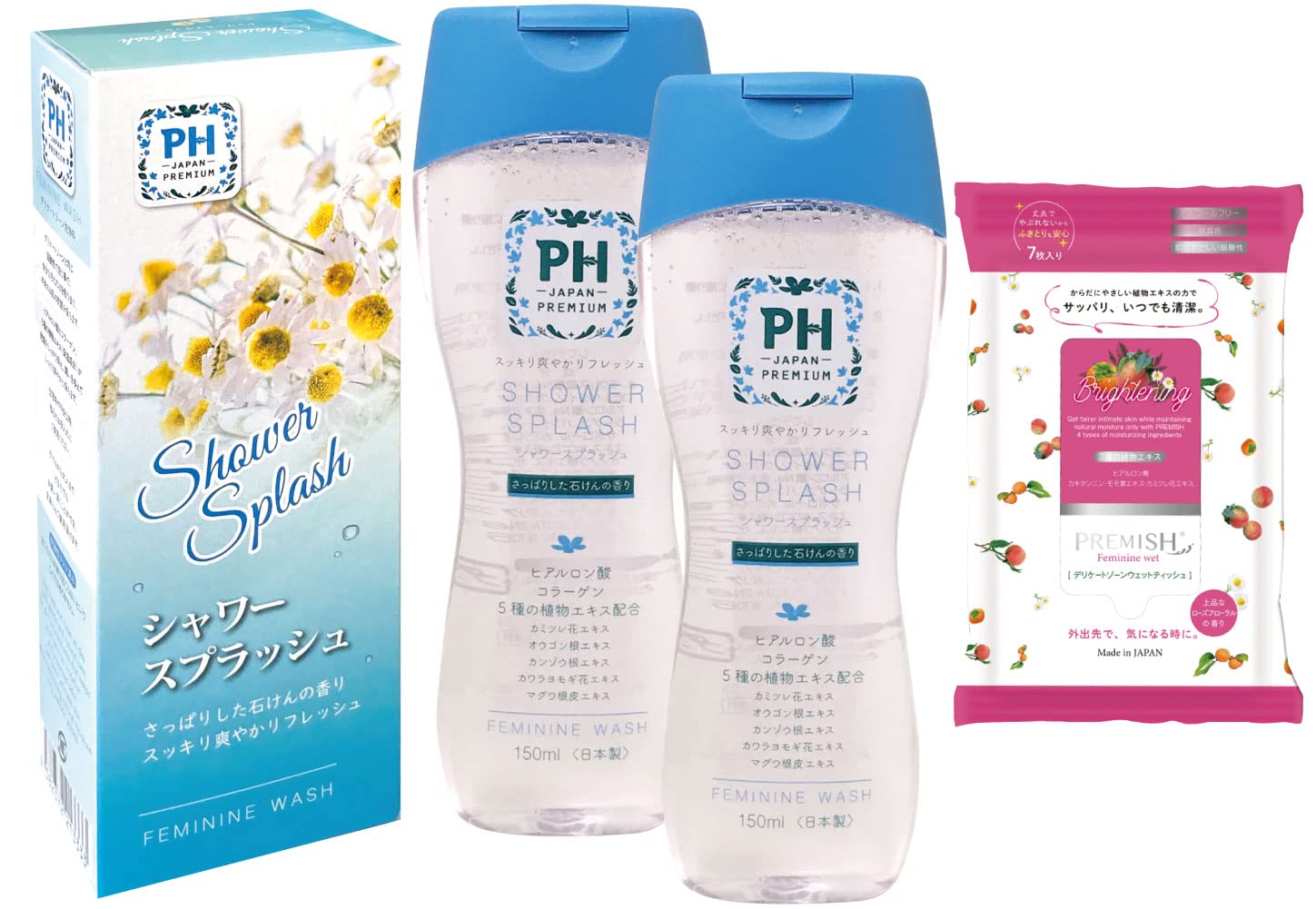 

PH JAPAN Premium Feminine Wash Soap for Delicate Areas 150ml x Premium Wet Wipes Perfect for daily and reducing and menstrual Made in (Shower Splash,