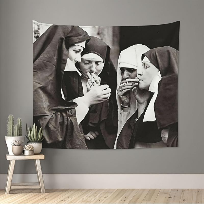VIKAMA Nuns Smoking Tapestry Black White Vintage Wall Hanging for Bedroom Dorm Bar Decor Retro Art Poster
