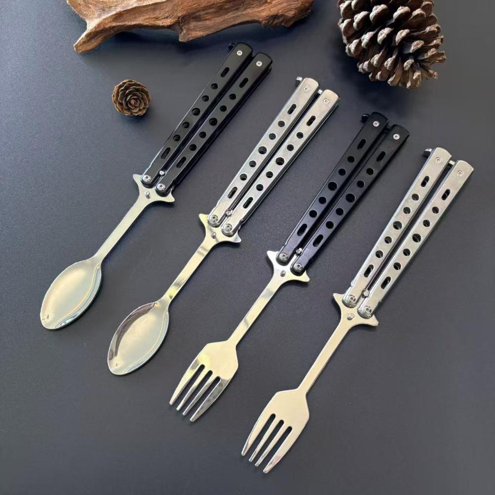 Stainless Steel Butterfly Cutter Style Folding Spoon Rust-proof Portable Spoon Forks Outdoor