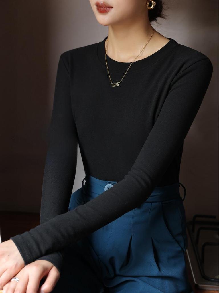 2024 Korean Style Women's Slim Round Neck Velvet T-Shirt, Thick Long-Sleeve for Autumn/Winter