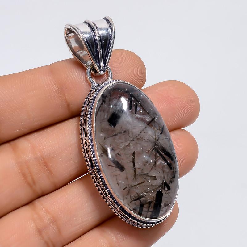 

Marvellous Top Grade Qualite 100% Natural Black Rutile Quartz Oval Shape Vintage Handmade Jewelry 925 Steling Silver Pendant 2.2 WSJ-4882 2.2