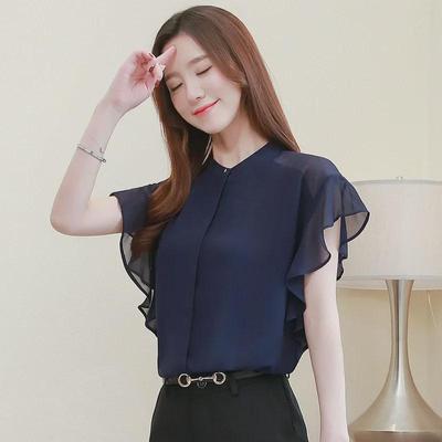 Korean Style Women's Chiffon Ruffle Blouse - Summer 2025 Short Sleeve, Plus Size, Casual Round Neck Top
