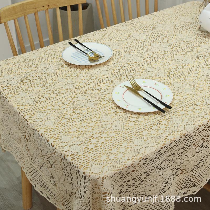 Elegant Retro Pastoral Style Lace Simple Crochet Tablecloth Cotton and Linen Coffee Table Cloth Background Cloth Placemat