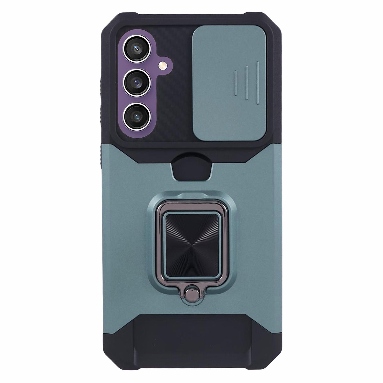 

For Samsung Galaxy S25 FE Case Kickstand Slide Lens Lid PC+TPU Phone Cover with Card Slot Blackish Green