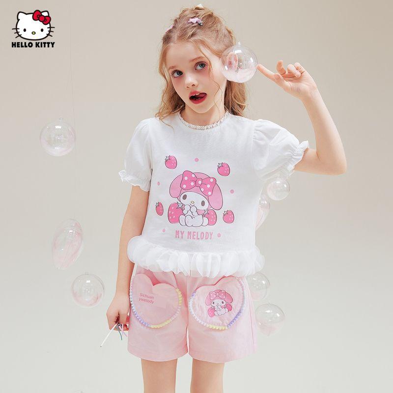Melody Girls' Summer Outfit Stylish Children's Summer Clothes Girls' Summer Short-Sleeve T-Shirt and Shorts Two-Piece Set Trendy