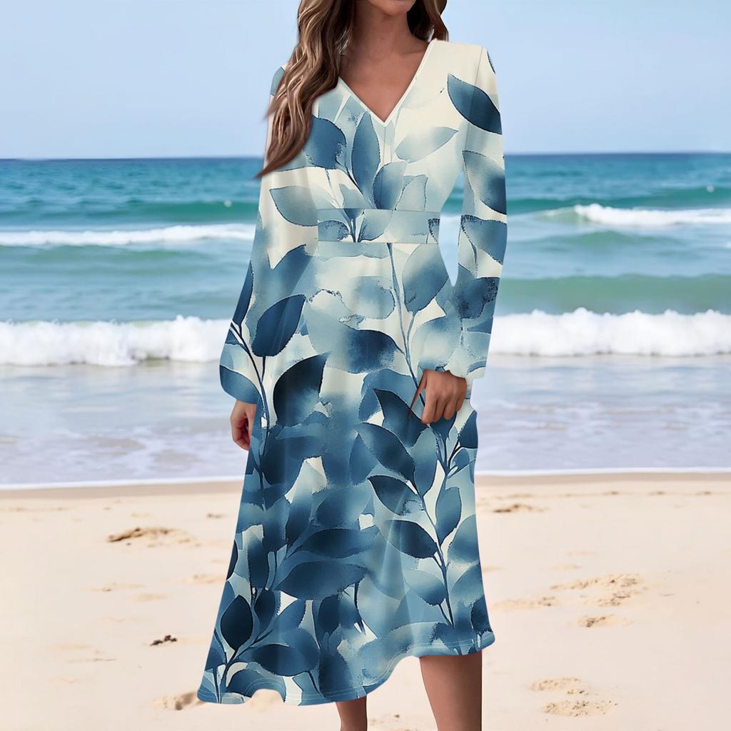 Women's Casual Fashion Floral Print V-neck Long Sleeve Waist Long Dress