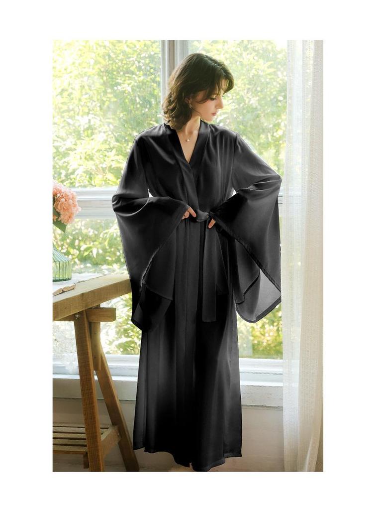 Sweet Satin Open-Front Robe: Deep V, Light Luxury, Tie-Waist, Wide Sleeves Homewear.