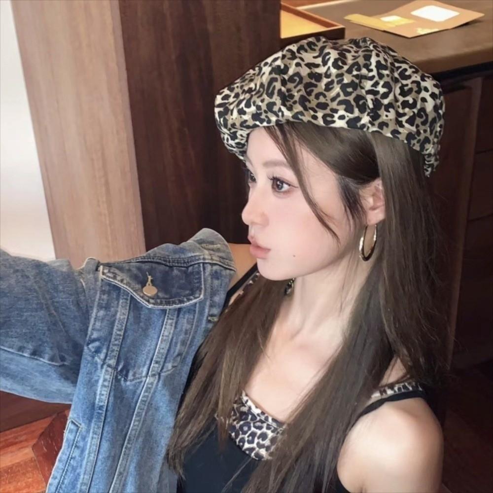 Classic Octagonal Cap Y2K Painter Hat Casual Leopard Print Beret  Women